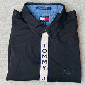 Rare Vintage 90s Tommy Jeans Men’s XXL Tape Logo Full Zip Up Short Sleeve Shirt